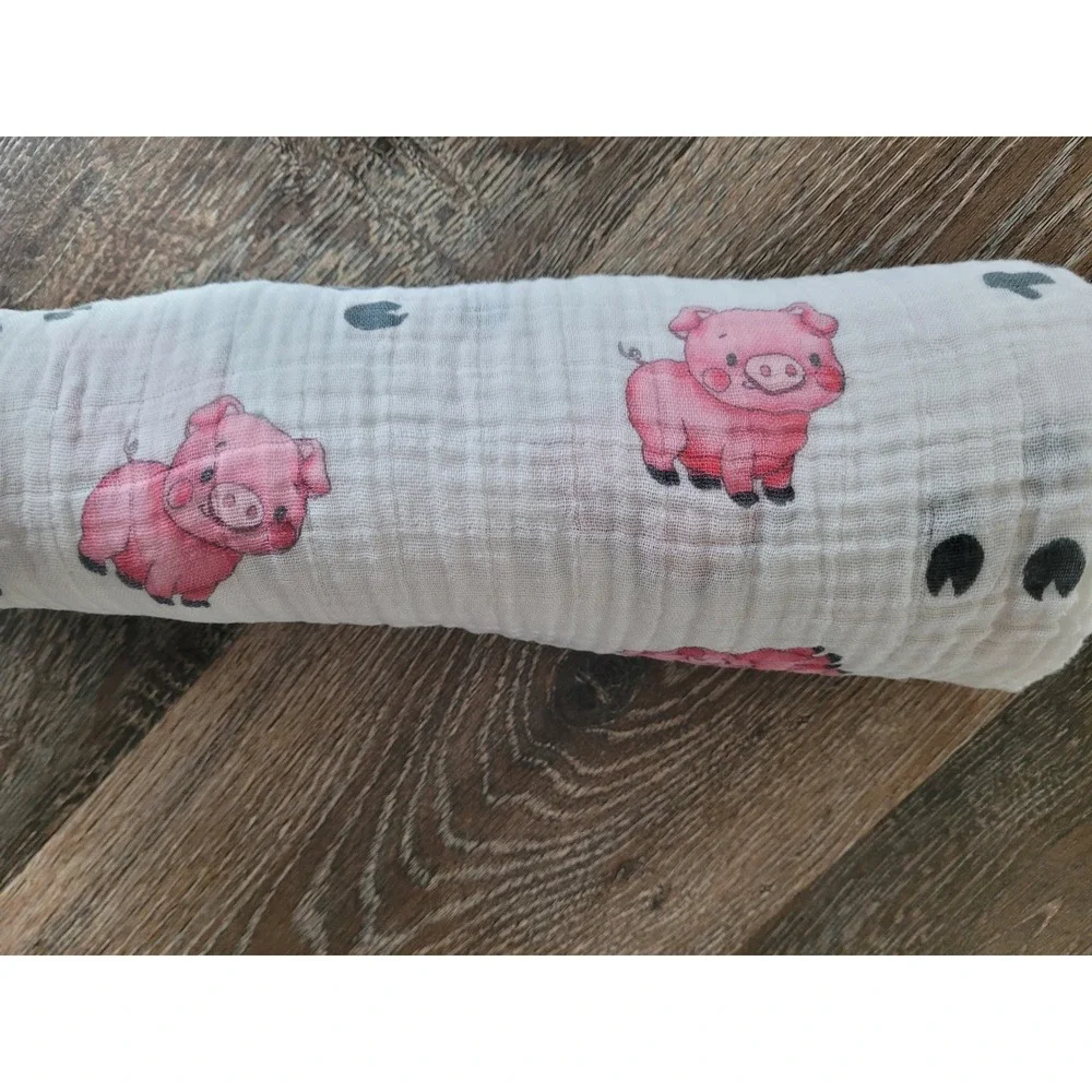 LollyBanks Cotton Muslin Swaddle Blanket Pink Pig Farm Animal Print White #7